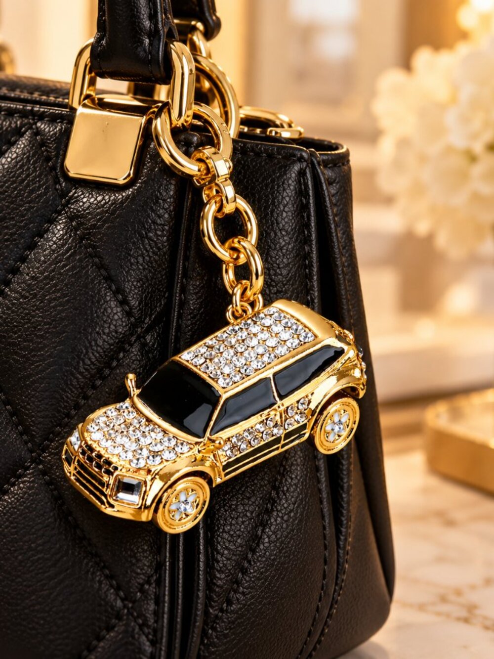 Rhinestone Gold SUV Bag Charm Keychain Crystal Purse Accessory Luxury Car Charm - Picture 4 of 9